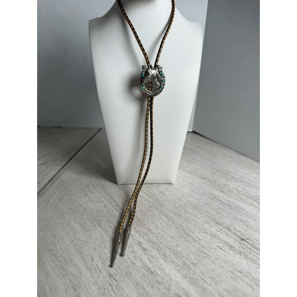 Western Horseshoe Horse Head Bolo Tie Faux Turquoise Inlay Silver Tone Slide